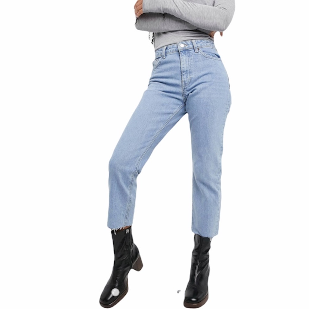 Topshop High Waisted Straight Leg Raw Hem Petite Jeans In Bleach Wash - Y2K